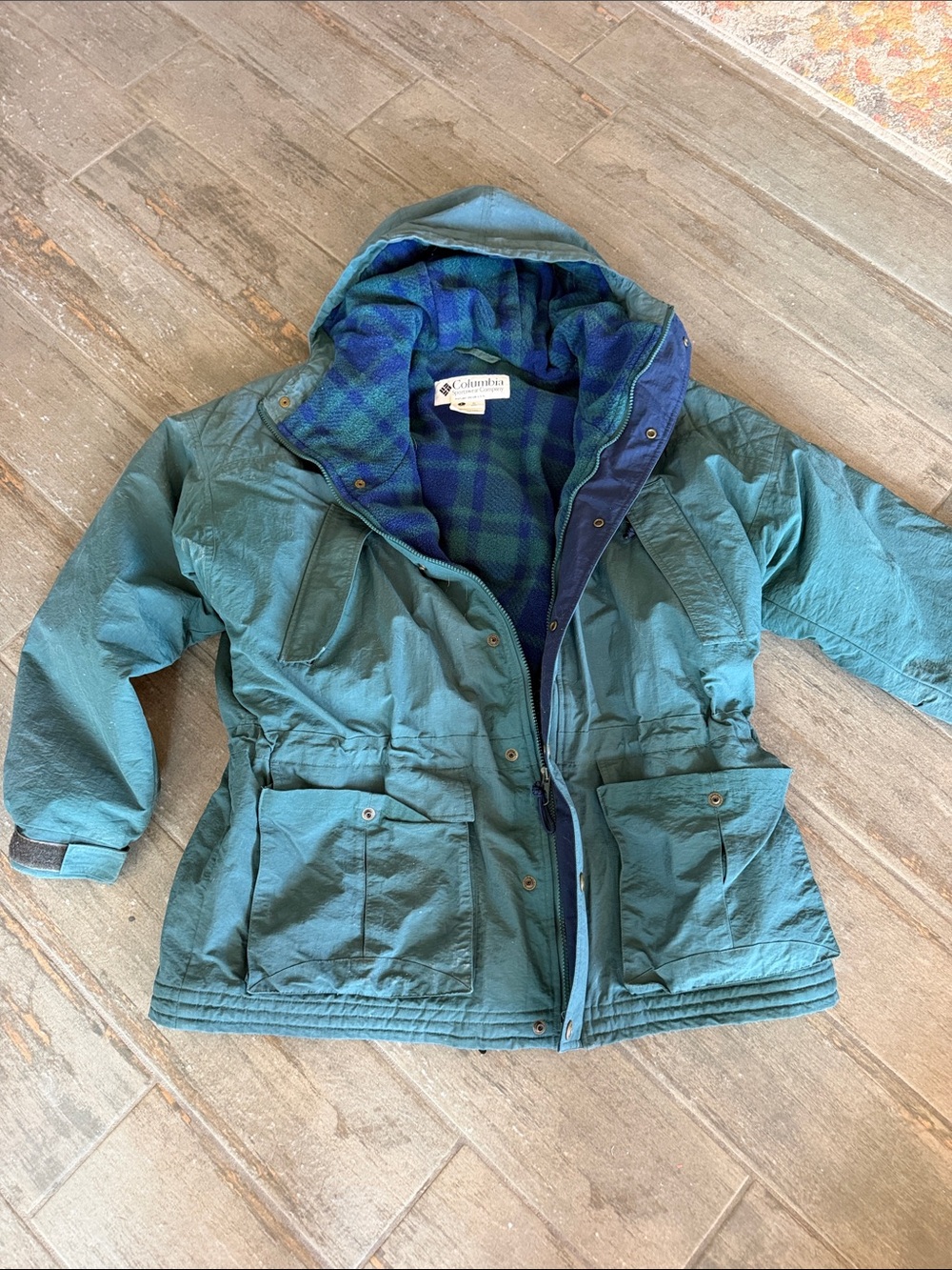 Vintage Columbia Teal Hooded Jacket with Blue-Green Plaid Lining